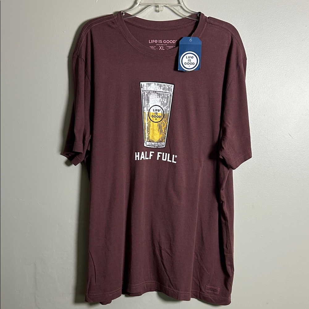 NWT Life is Good Beer Half Full Crusher lite brown T-Shirt Size XL 100% Cotton - Picture 1 of 12